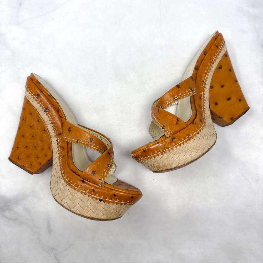 CASADEI Vintage Y2K Ostrich Leather Chunky Platform Wedge Sandal Heels Brown 7 - Picture 5 of 12